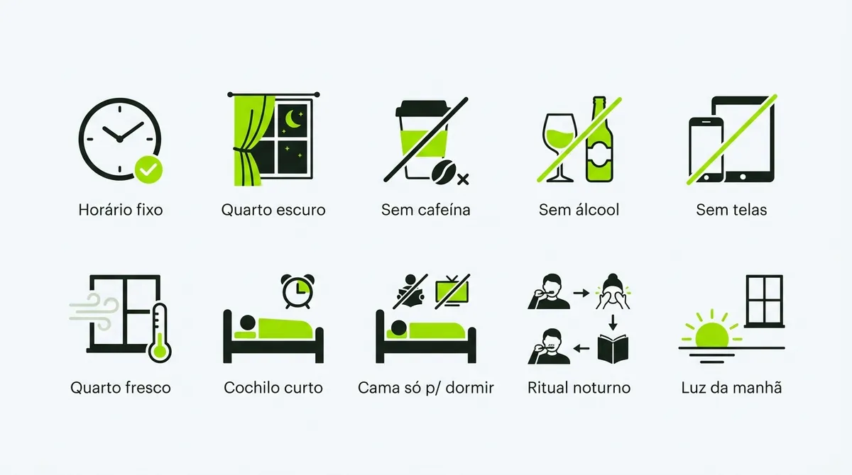 Checklist com dez ícones pequenos representando os hábitos de higiene do sono, como horário fixo, luz e temperatura