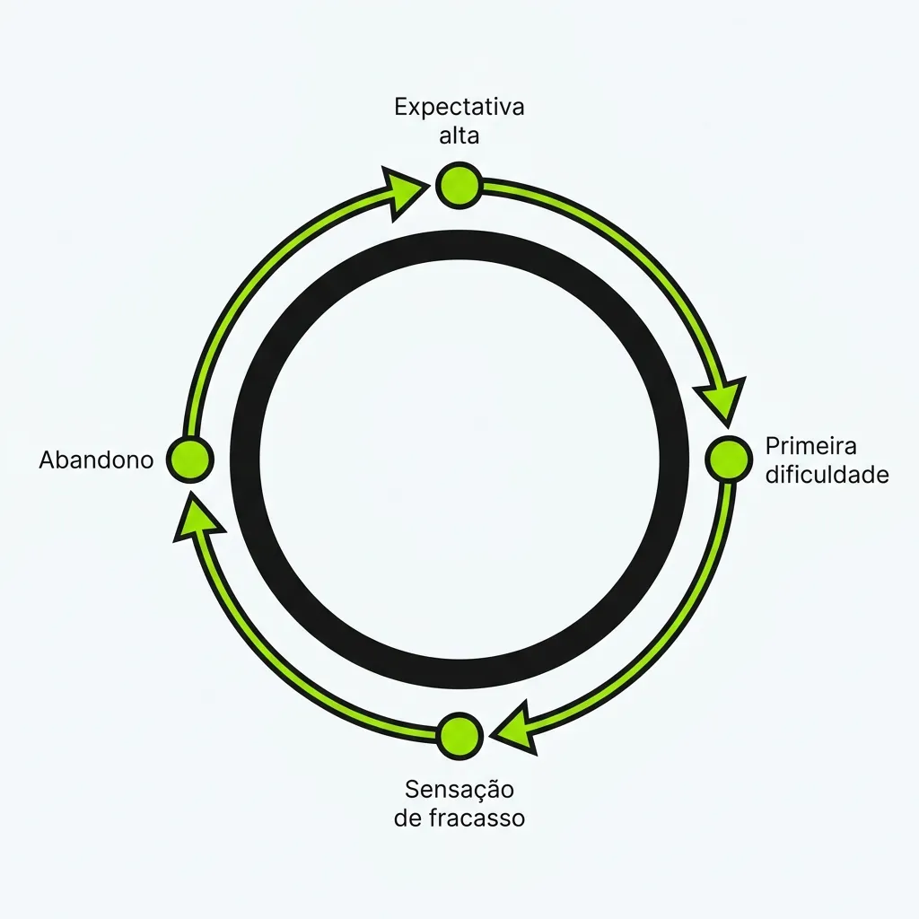 Diagrama circular com setas mostrando as etapas do ciclo da desistência, da expectativa alta à pausa e ao esquecimento