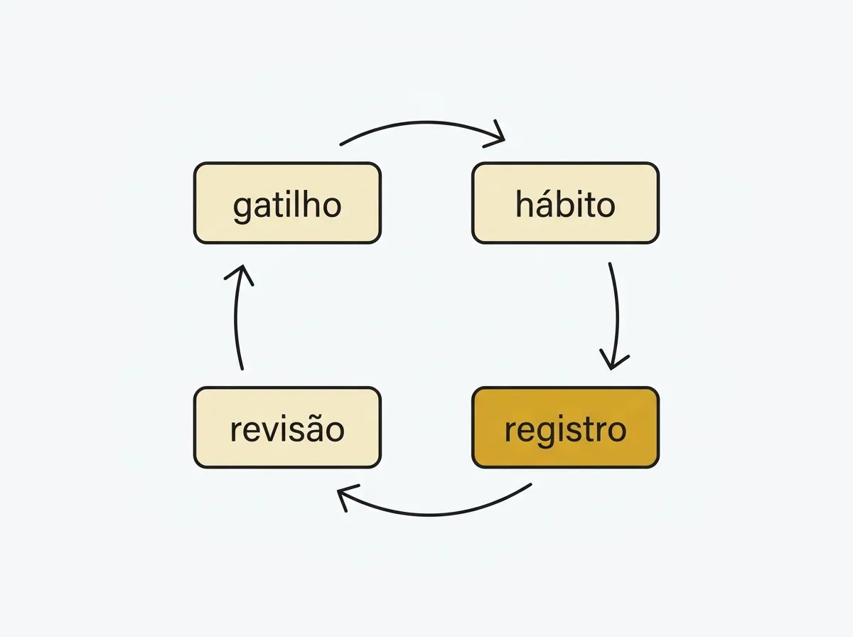 Ciclo em quatro etapas ligadas por setas: gatilho, hábito, registro e revisão