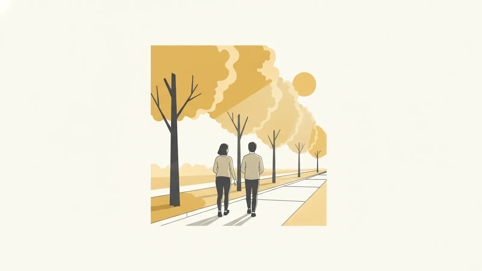 Duas pessoas de costas caminhando lado a lado por uma calçada arborizada ao amanhecer, com luz dourada entre as árvores