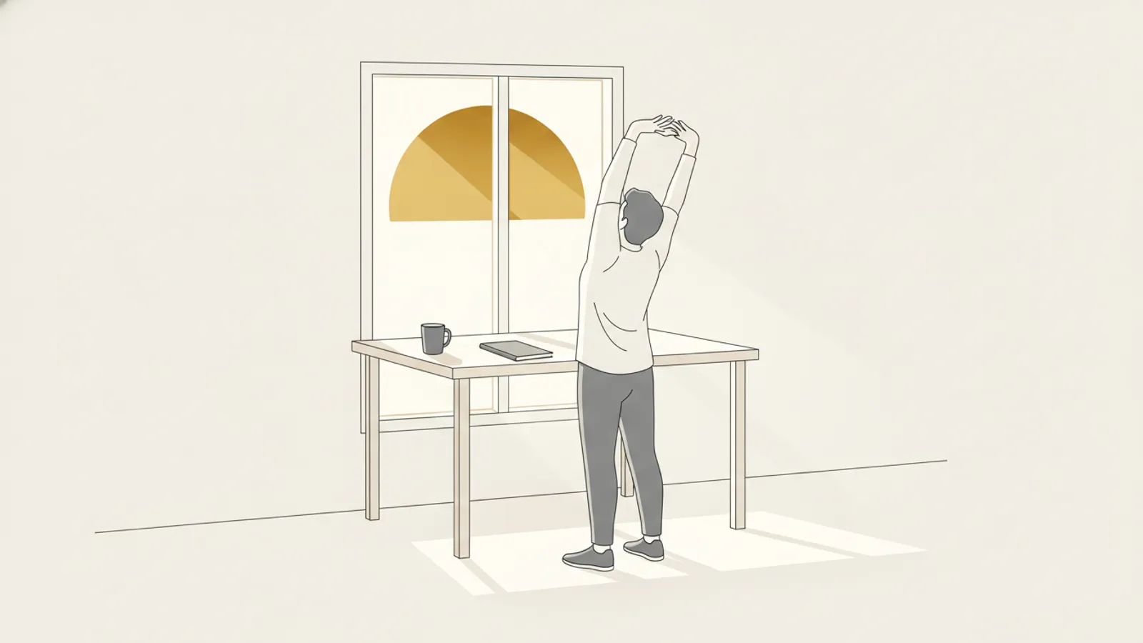Pessoa de costas alongando os braços para cima ao lado da mesa de trabalho, com uma xícara de café e a luz da manhã entrando pela janela
