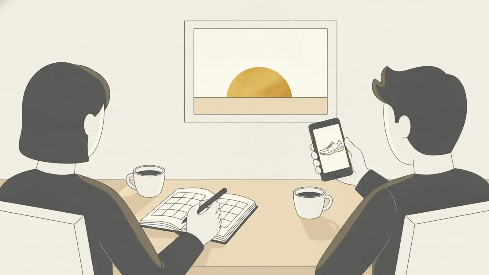 Duas pessoas à mesa, uma anotando dias marcados em um caderno e a outra mostrando o celular com o registro do treino de hoje