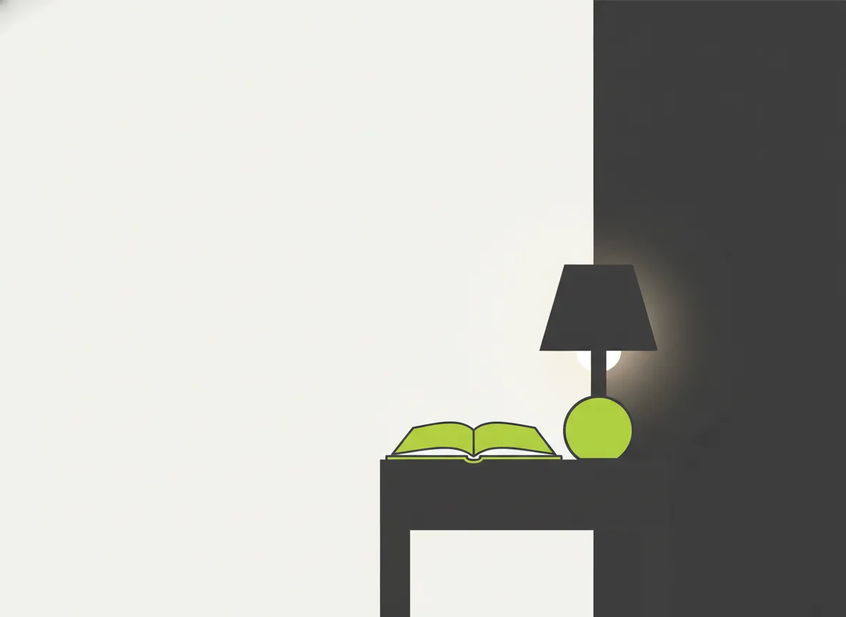 Criado-mudo com um livro aberto e luz quente de abajur, sem celular por perto, ritual de desligamento para dormir