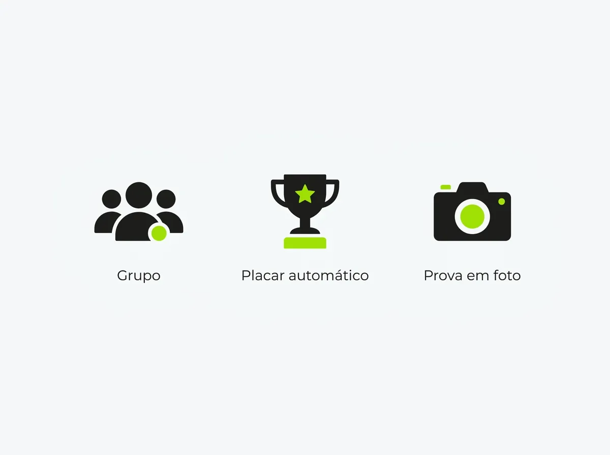 Três ícones lado a lado representando os critérios para escolher um app social de hábitos: grupo, placar e prova em foto