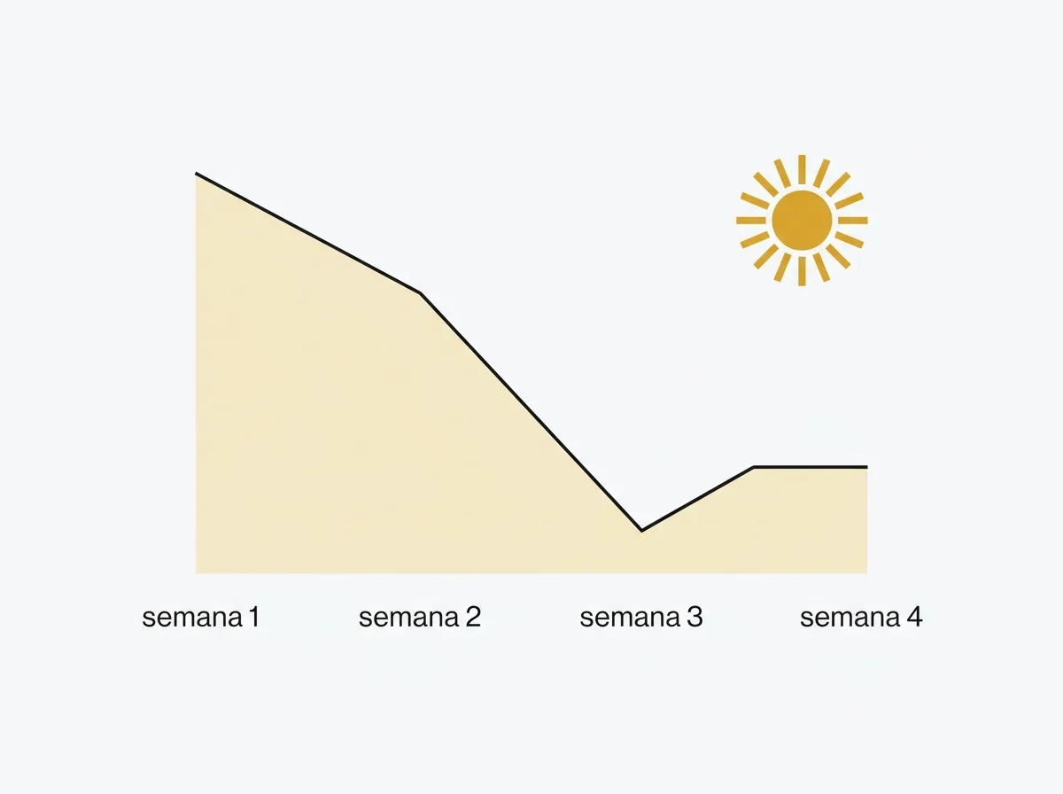 Linha do tempo de quatro semanas mostrando motivação alta no início, queda na terceira semana e estabilização depois