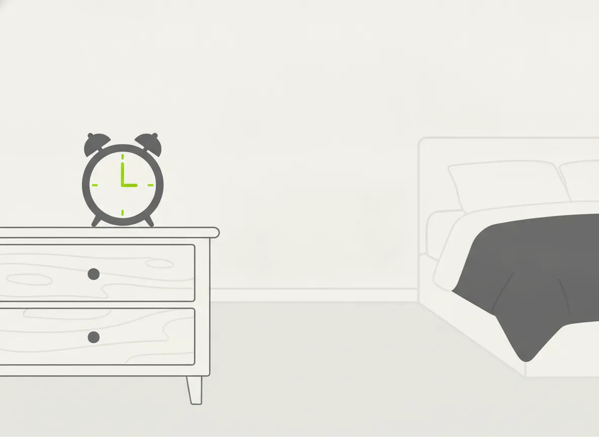 Despertador sobre uma cômoda do outro lado do quarto, longe da cama desfocada ao fundo