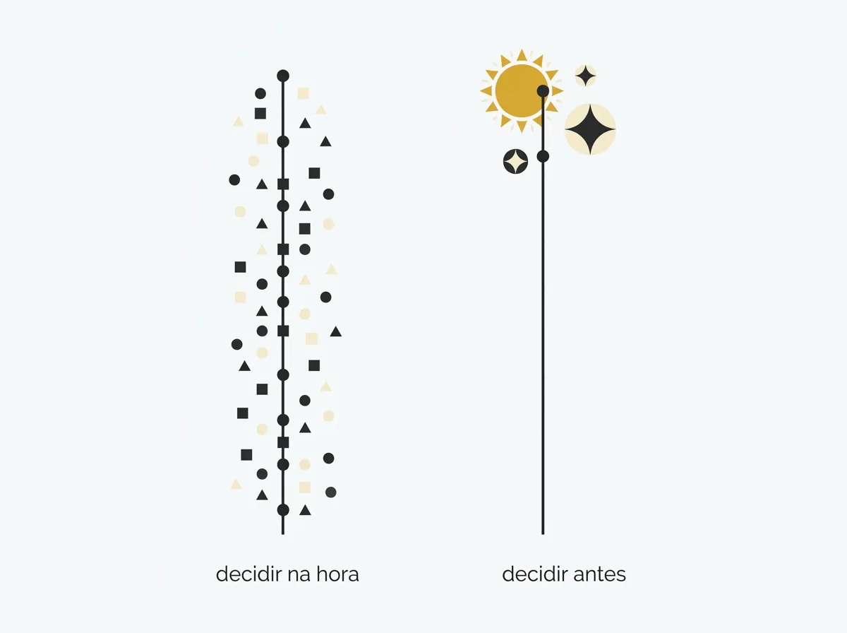 Comparação entre um dia cheio de pontos de decisão e um dia com as decisões já tomadas de antemão