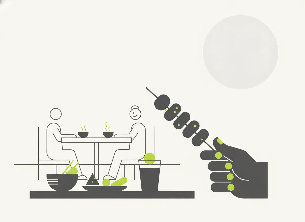 Pessoa segurando um espeto de carne grelhada em meio a uma mesa farta de churrasco, fazendo uma escolha consciente