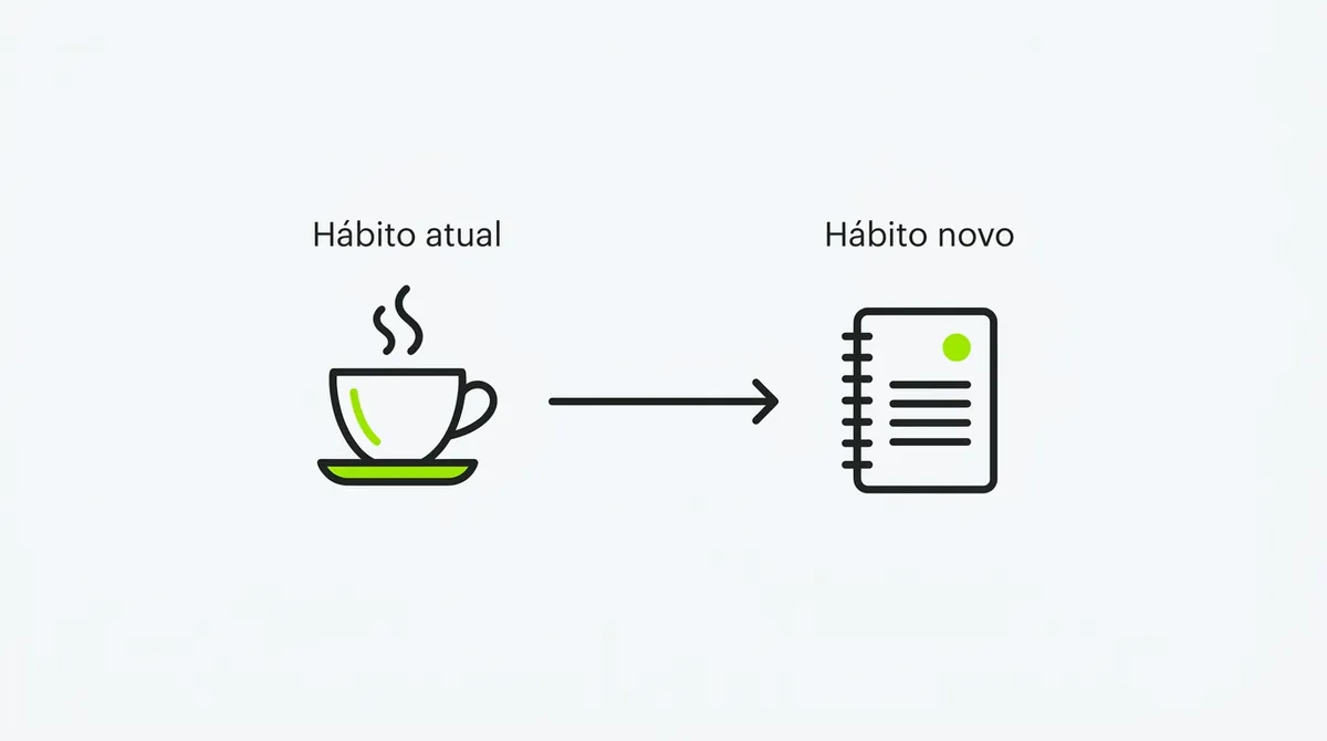 Diagrama com dois ícones conectados por uma seta, representando a fórmula do habit stacking: depois do hábito atual vem o hábito novo