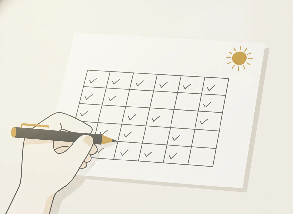 Grade de hábitos desenhada à mão em um caderno, com três linhas de hábitos e alguns dias marcados com um traço