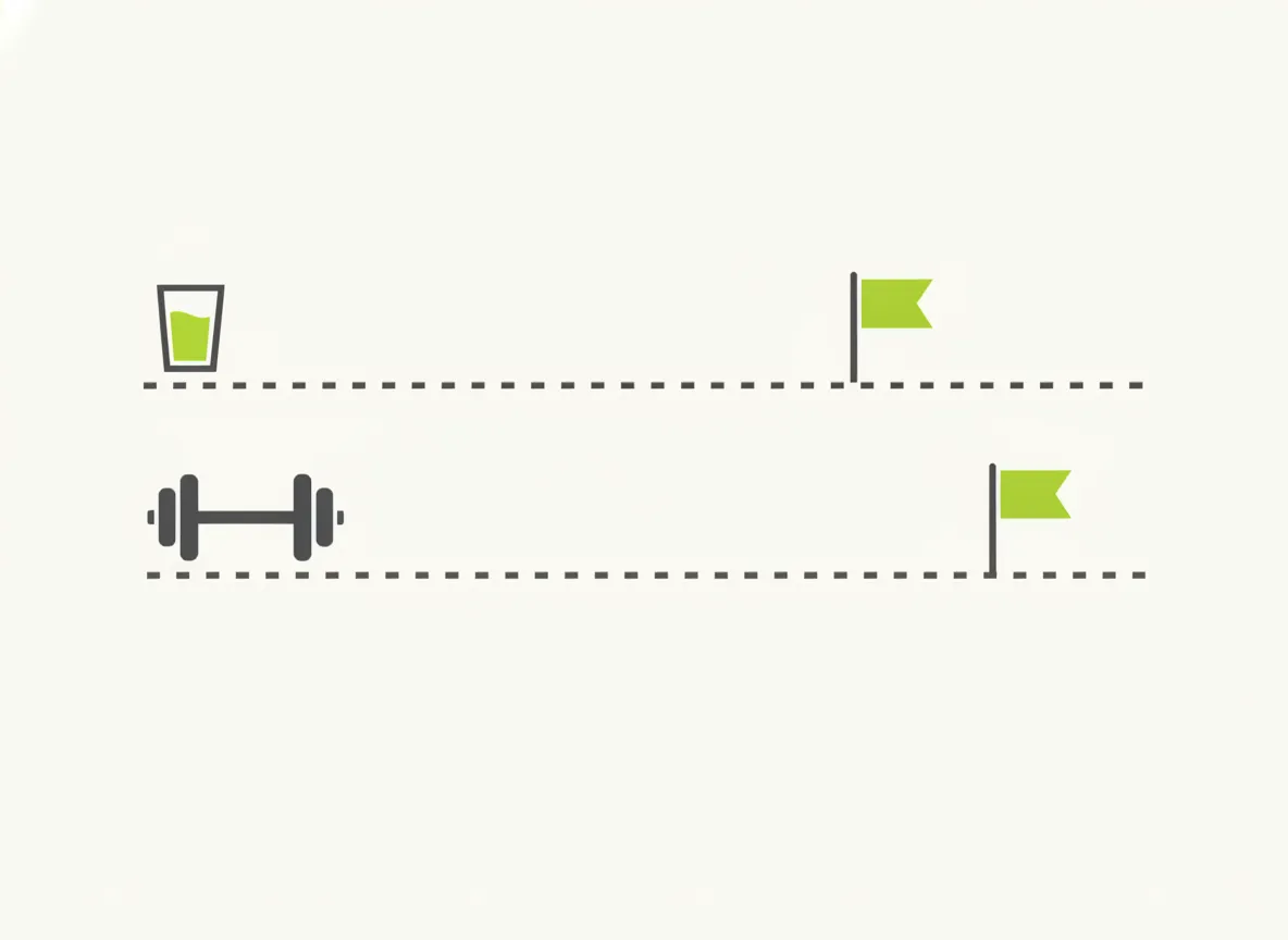 Copo de água com caminho curto até uma bandeira e halter com caminho longo até outra bandeira, comparando o tempo de automatização de hábitos simples e complexos