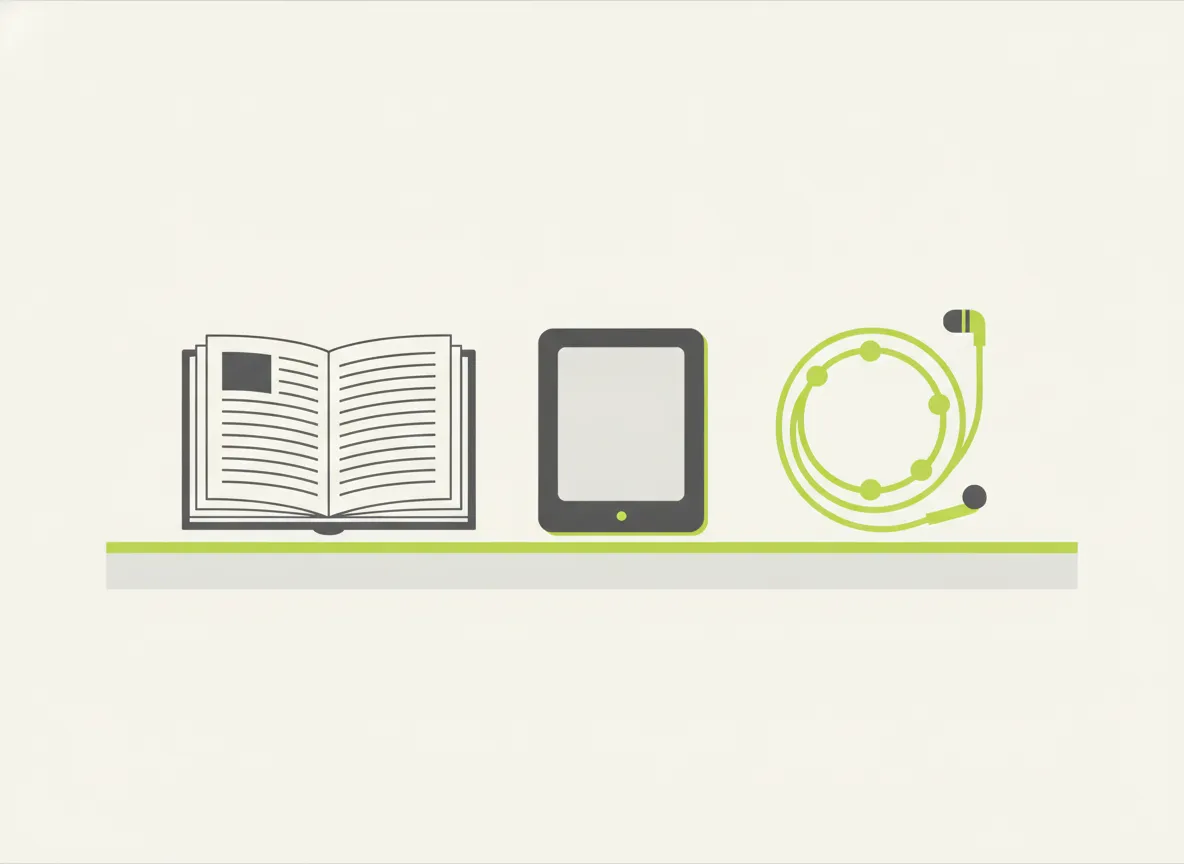 Livro físico, e-reader e fone de ouvido lado a lado sobre a mesa, representando os três formatos de leitura possíveis