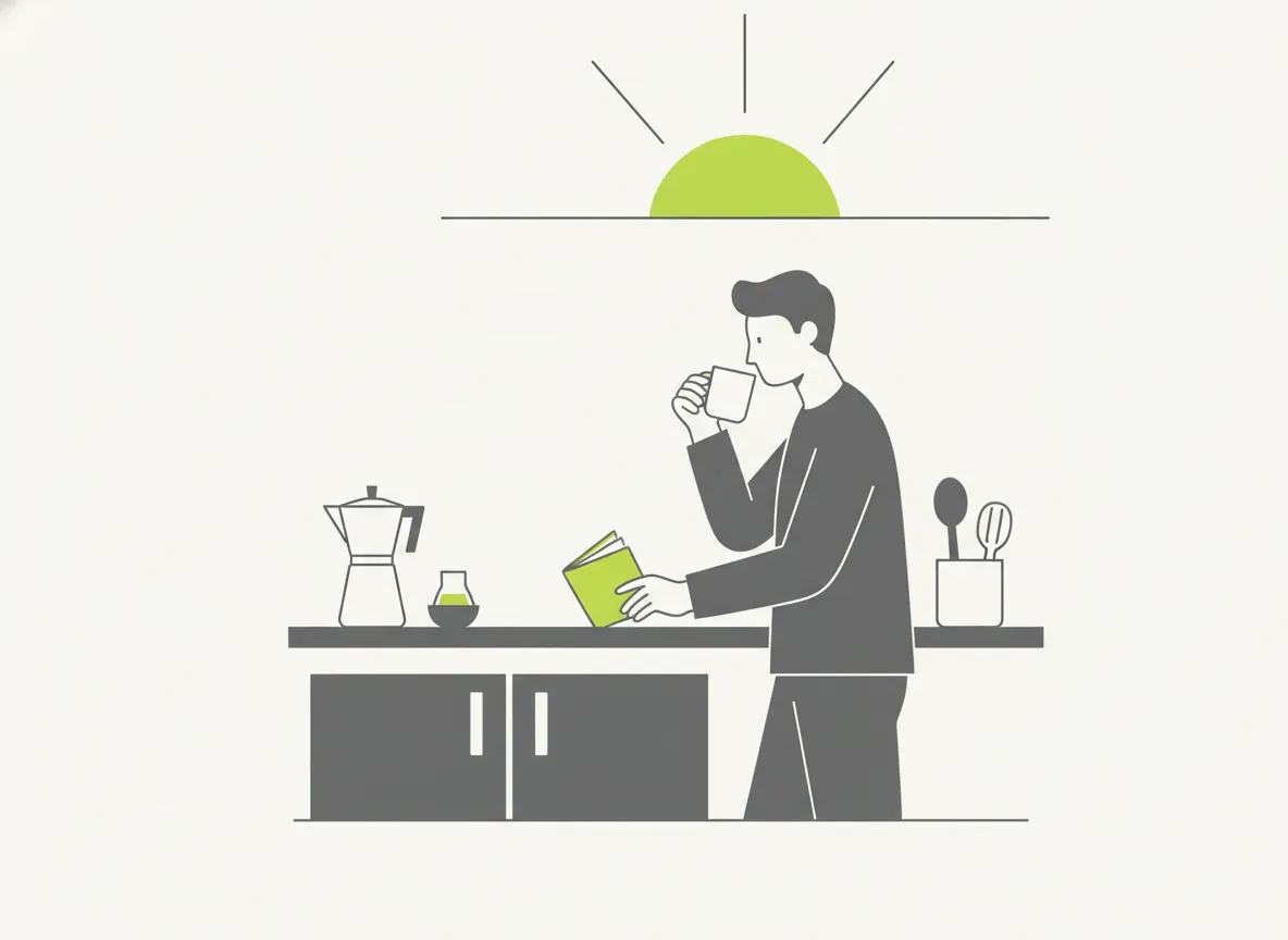 Pessoa fechando a xícara de café e abrindo um caderno logo em seguida, no mesmo balcão, ilustrando o empilhamento de hábitos