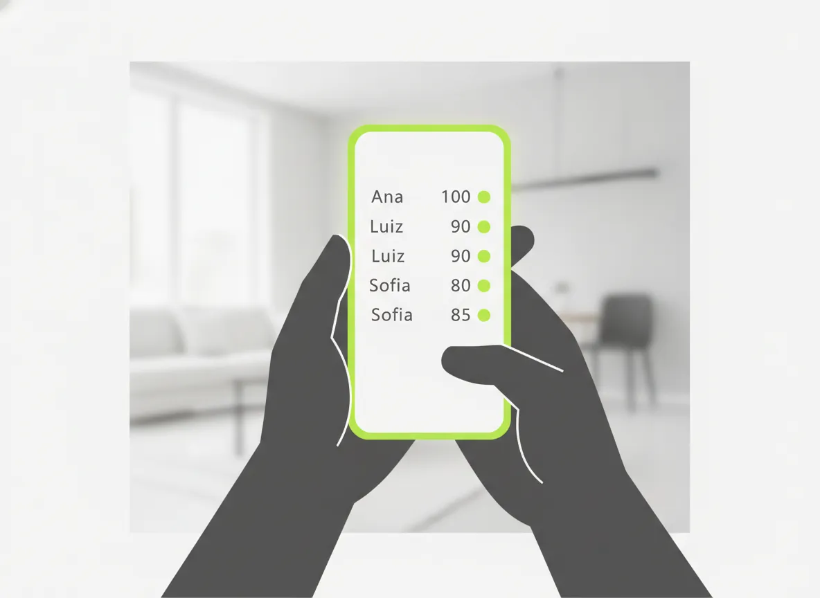 Mãos segurando um celular que mostra um placar simples entre amigos, com nomes e pontuação