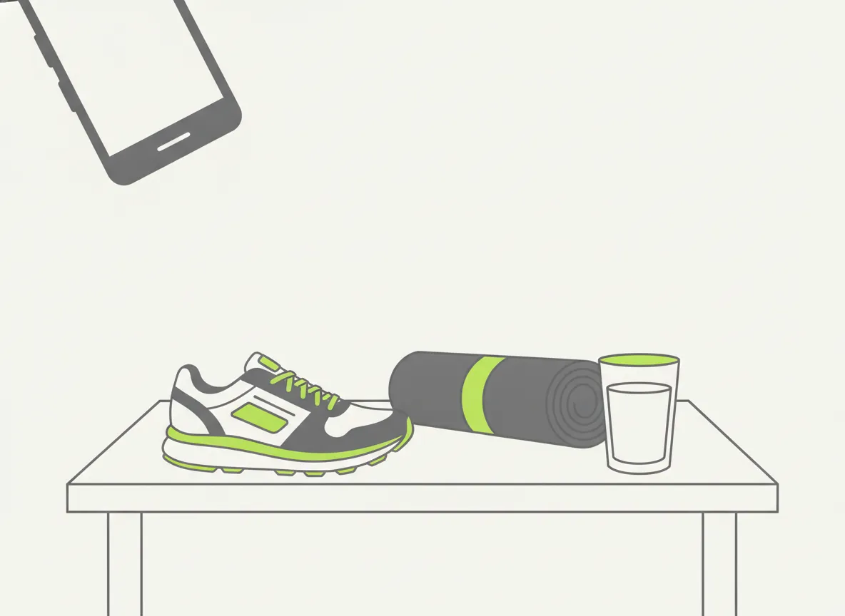 Tênis de corrida, tapete de yoga enrolado e copo de água alinhados sobre uma mesa, representando objetos usados como prova de hábito em fotos de check-in