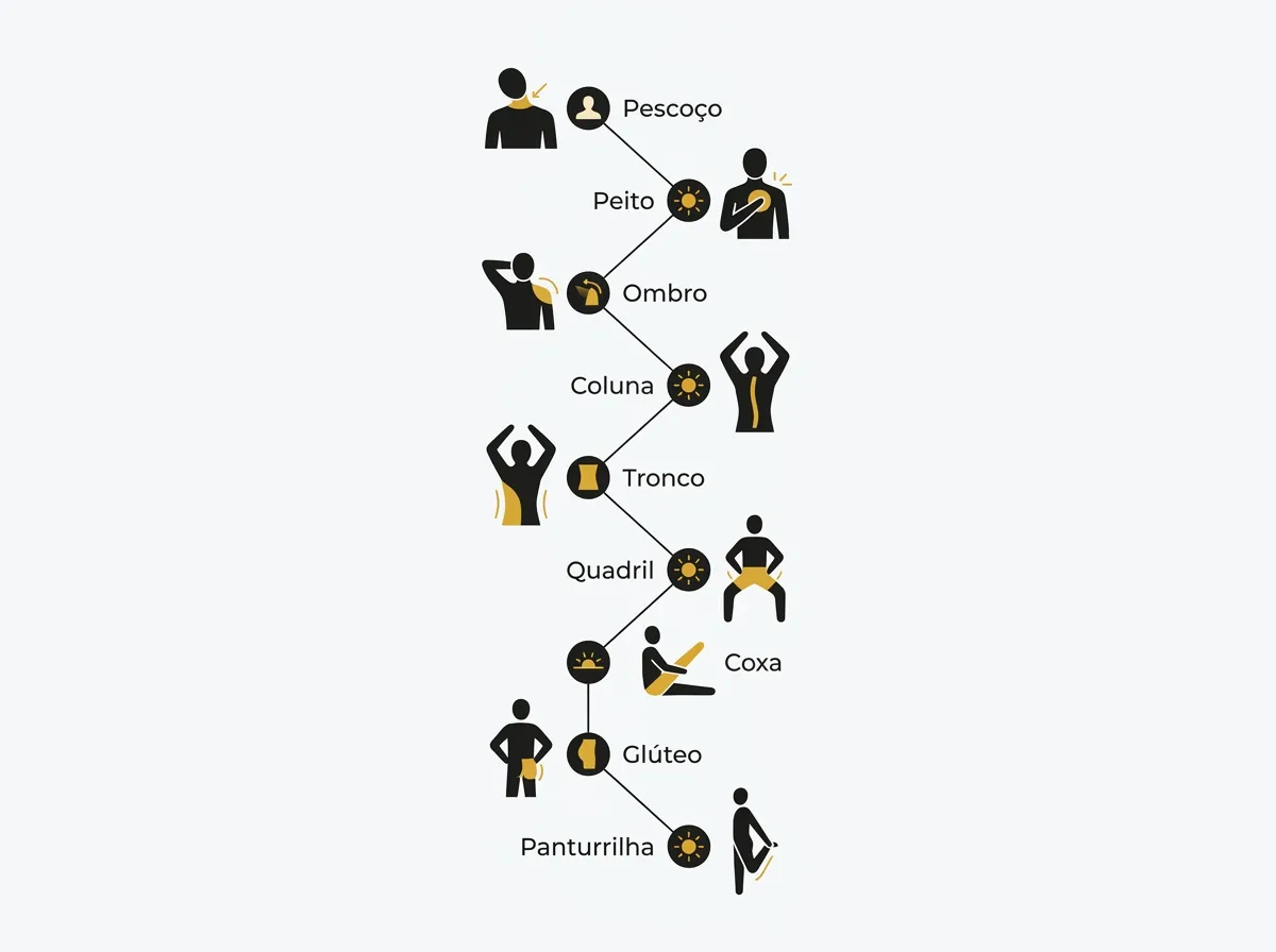 Esquema da rotina de alongamento de 10 minutos em nove etapas, do pescoço à panturrilha