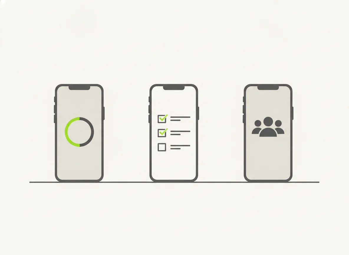 Três celulares lado a lado representando os tipos de app para jejum intermitente: cronômetro simples, app de hábitos e app social com grupo