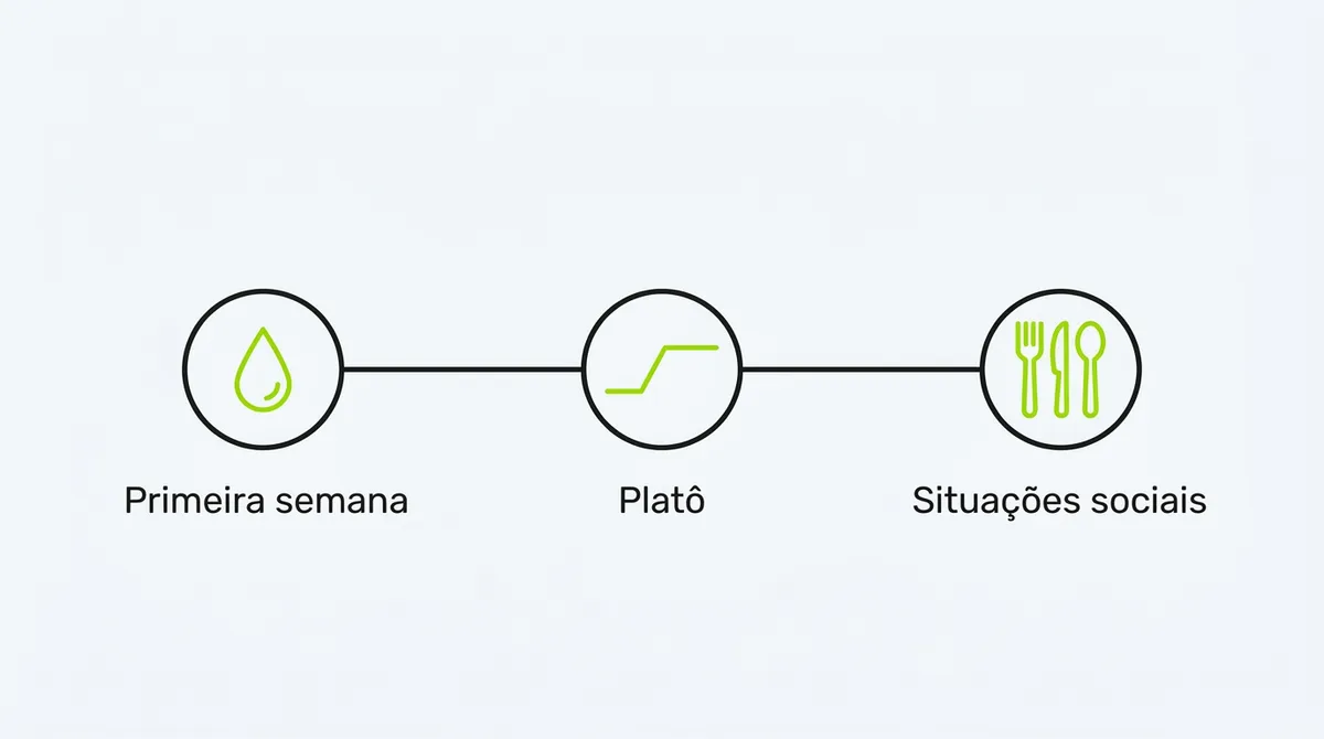 Linha do tempo com três pontos marcados representando os momentos em que mais gente desiste da dieta cetogênica: primeira semana, platô e situações sociais