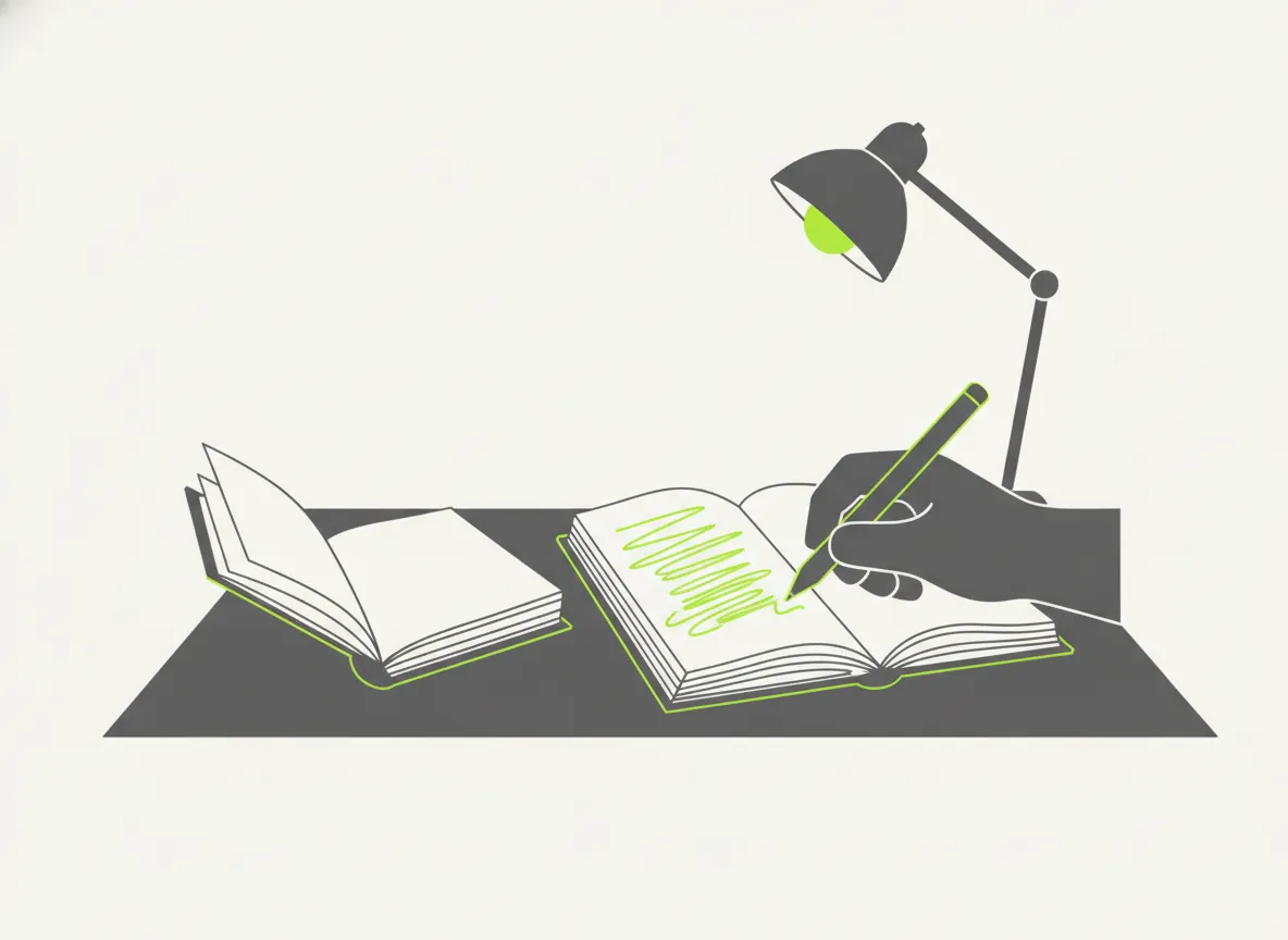 Mão fazendo anotações em um caderno ao lado de um livro aberto sobre hábitos