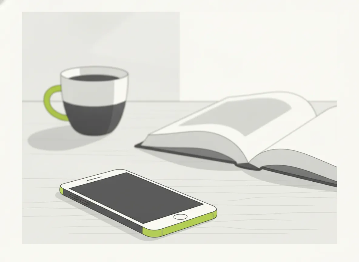 Celular virado para baixo sobre a mesa enquanto a pessoa toma café e lê um livro ao fundo, representando o resgate da atenção