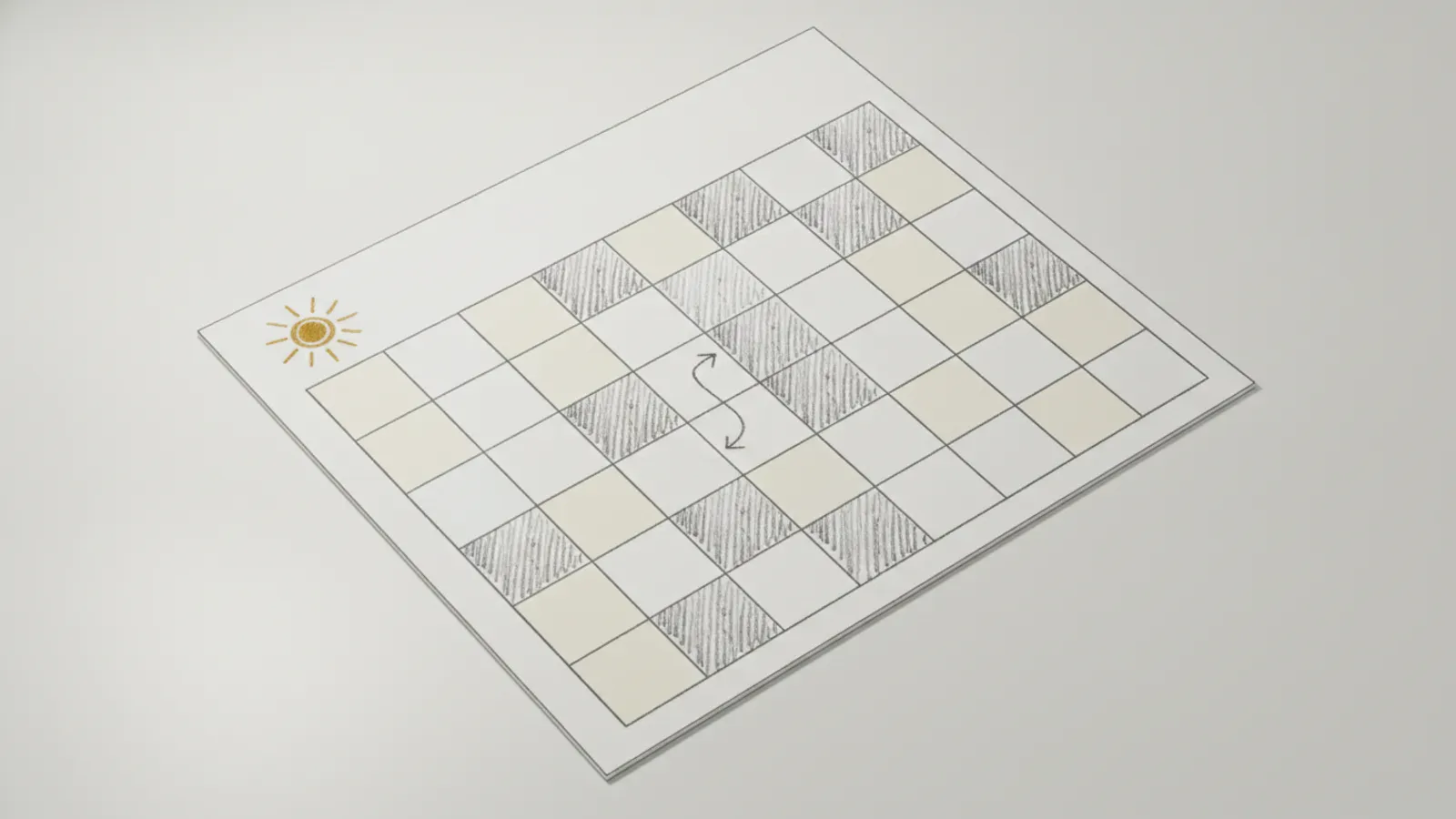 Folha de calendário sobre a mesa com vários quadradinhos preenchidos a lápis, outros ainda em branco e uma seta curva desenhada no meio da grade