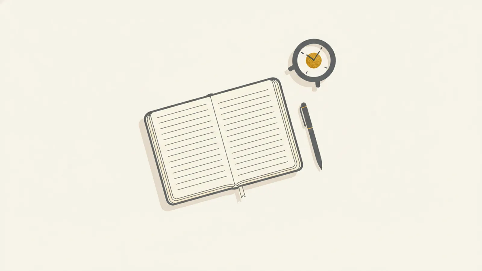 Mesa de estudos organizada com caderno aberto, caneta e um relógio marcando o mesmo horário de sempre