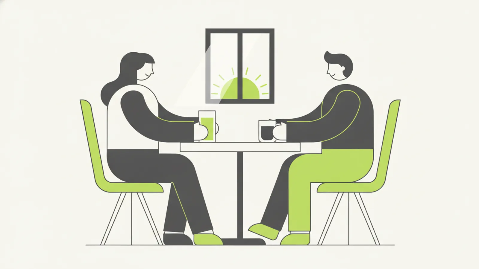 Dois amigos tomando água e café juntos durante a mesma janela de jejum, cena matinal de apoio