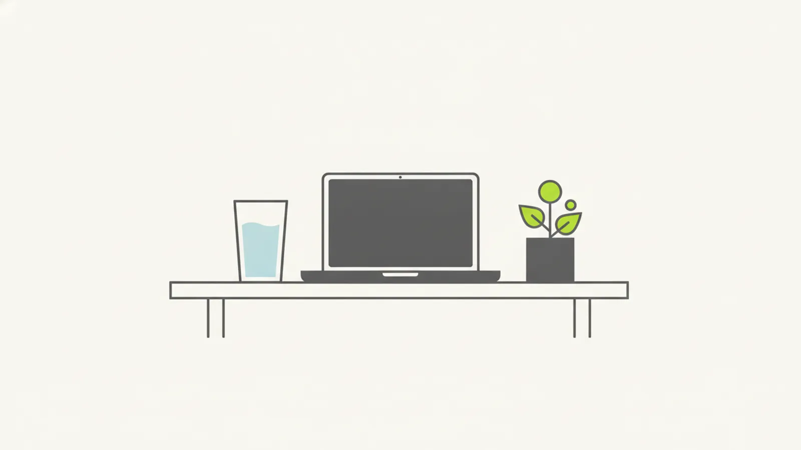 Copo de água cheio ao lado de um notebook e uma pequena planta sobre a mesa de trabalho, representando uma âncora de hábito