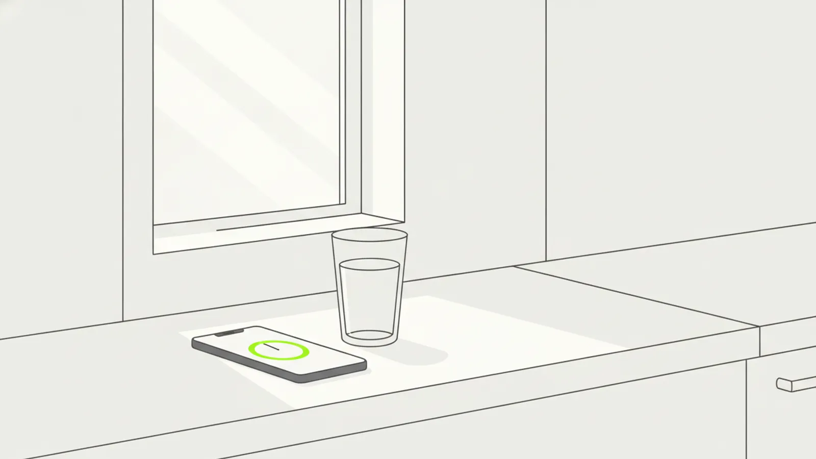 Celular sobre a bancada da cozinha mostrando um cronômetro simples de jejum ao lado de um copo de água, início da manhã