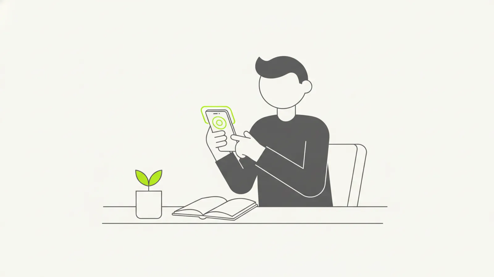Pessoa ajustando o limite de tempo de tela do celular em uma mesa com planta e caderno ao lado