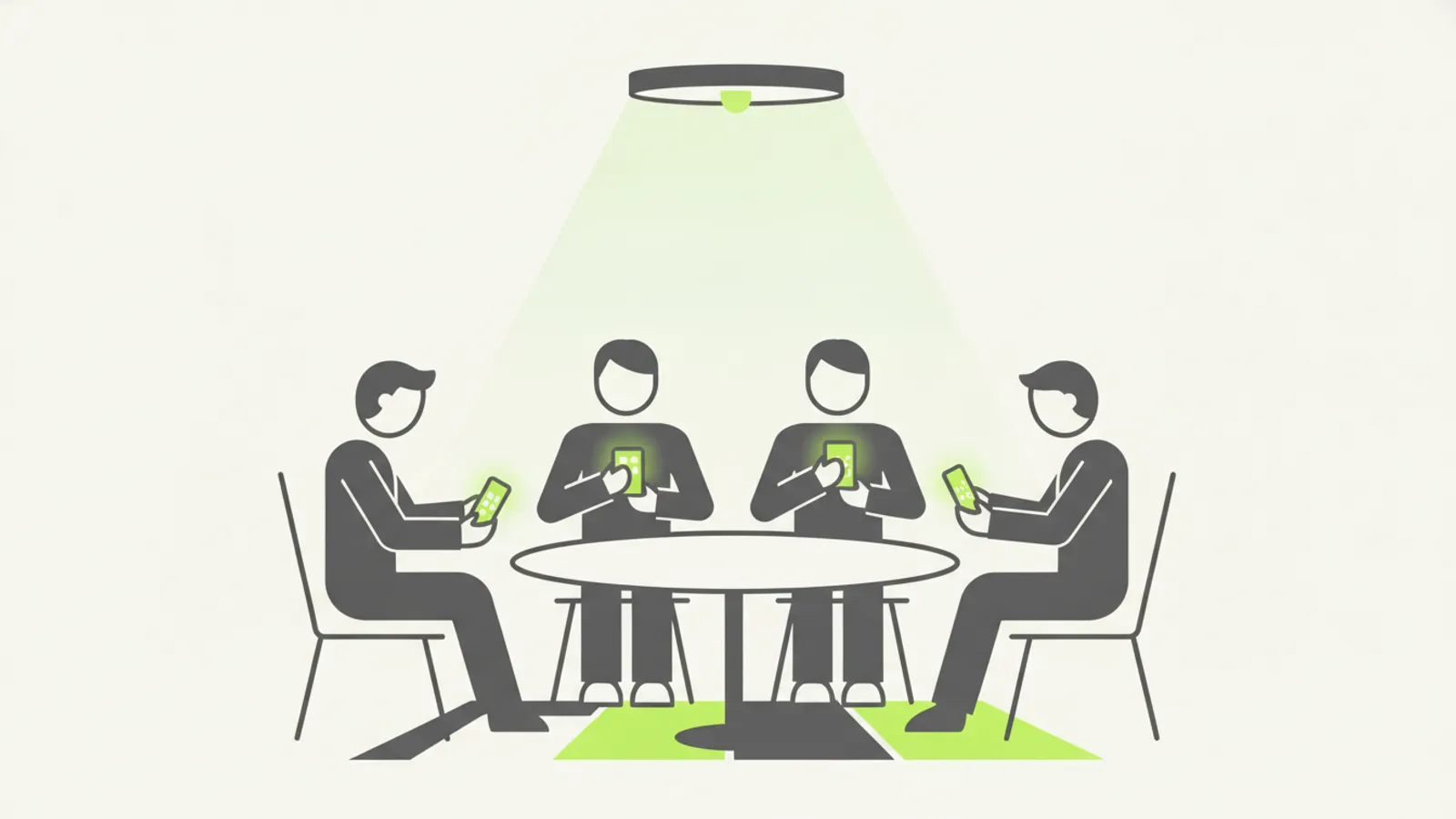 Grupo de amigos sentados à mesa, cada um com o celular mostrando uma tela diferente, comparando aplicativos de hábitos para usar juntos