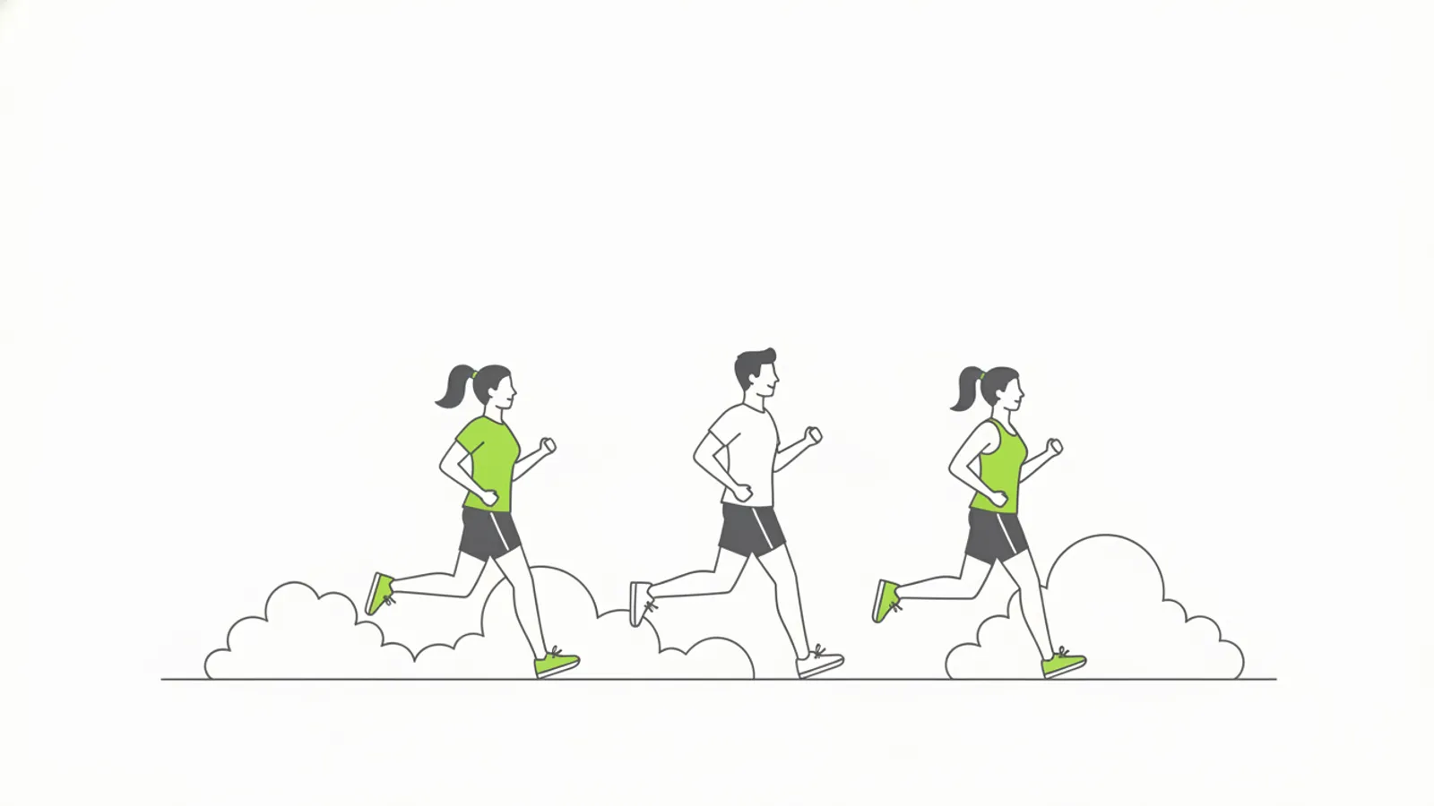Três amigos de níveis de condicionamento diferentes correndo juntos, representando o efeito de motivação em grupo