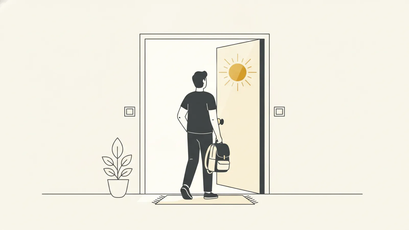 Pessoa saindo de casa no começo da manhã com a mochila já pronta na mão, luz de amanhecer entrando pela porta