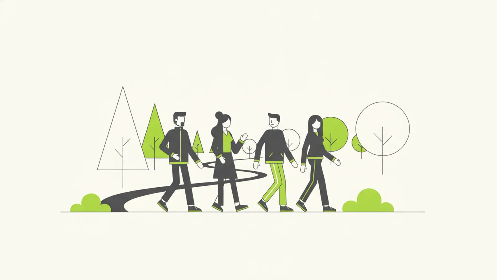 Grupo de amigos caminhando juntos em uma trilha de parque pela manhã