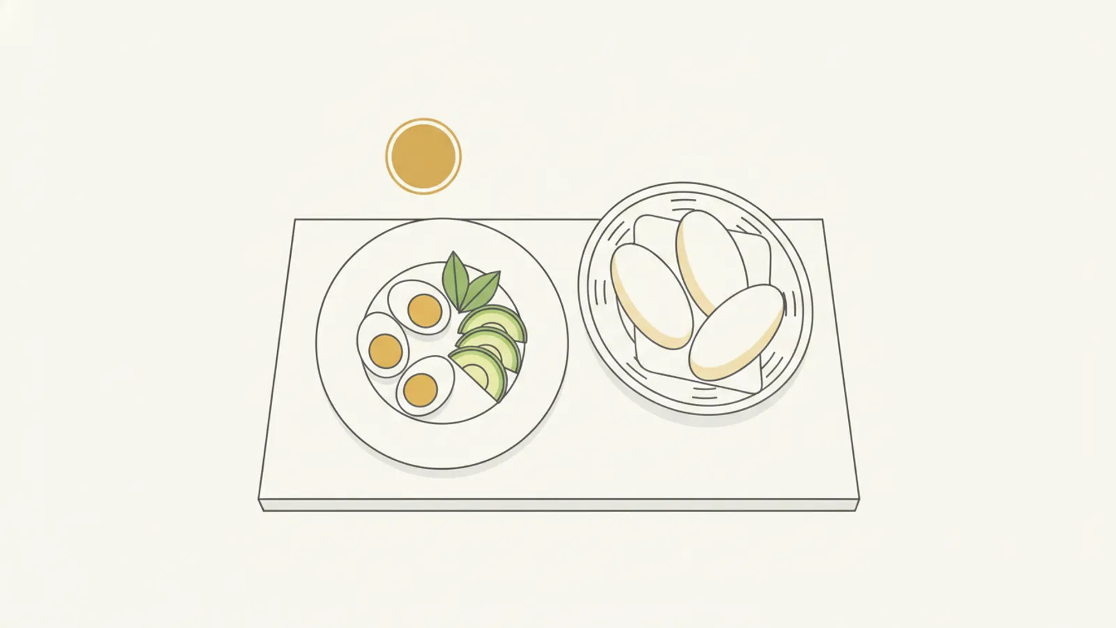 Prato com ovos, folhas e abacate ao lado de uma tigela com fatias de pão, representando a escolha diária que a dieta low carb exige