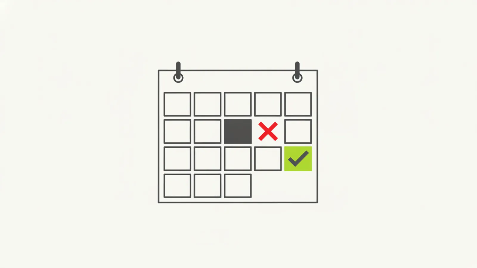 Calendário de parede com um dia marcado em vermelho e o dia seguinte já marcado como cumprido novamente