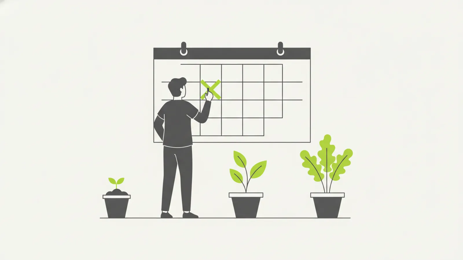 Pessoa marcando o dia em um calendário de parede enquanto plantas crescem ao redor, representando hábitos que se firmam com constância