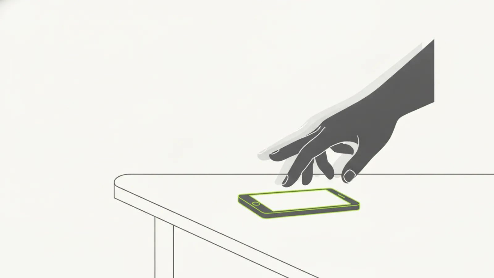 Mão alcançando o celular repetidamente sobre a mesa, sugerindo checagem compulsiva do aparelho