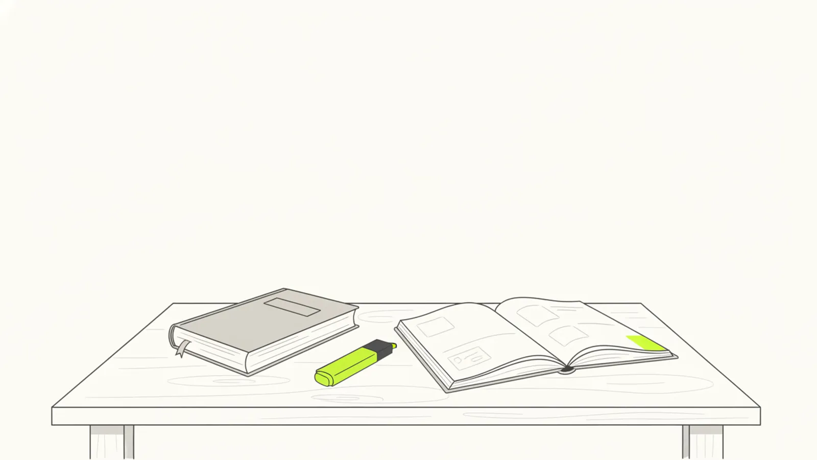 Livro fechado sobre a mesa com um marca-texto e um caderno de anotações ao lado, cena de leitura de resumo