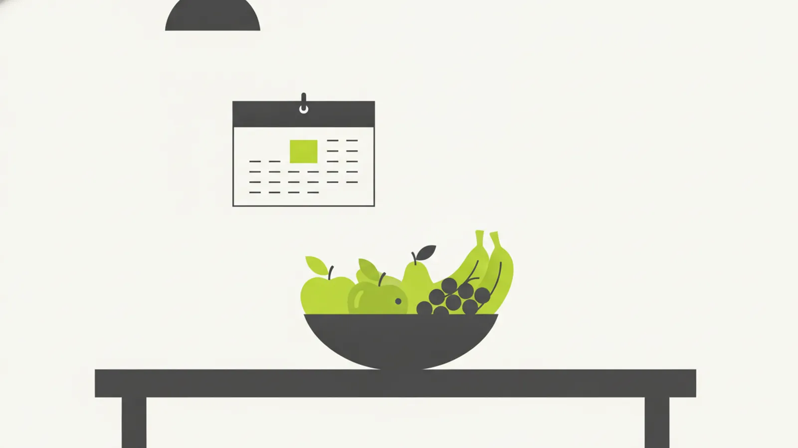 Mesa com frutas frescas e nenhum doce processado, calendário de 30 dias ao fundo