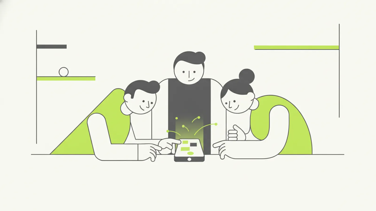 Amigos olhando juntos para o celular sorrindo, vendo um placar amigável entre eles