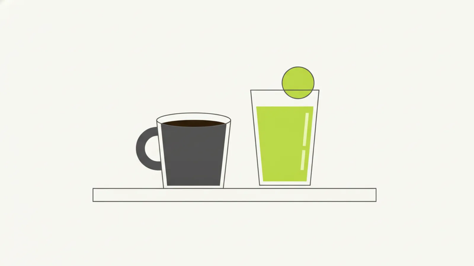 Xícara de café preto e um copo de suco açucarado lado a lado sobre a mesa, representando a fronteira do que quebra o jejum