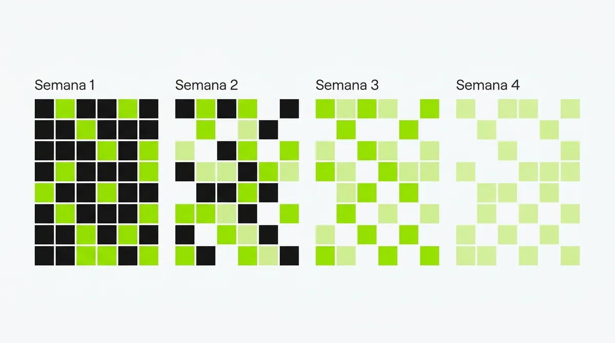 Calendário de quatro semanas com marcações diferentes em cada fase, representando o que esperar semana a semana no desafio de 30 dias sem açúcar