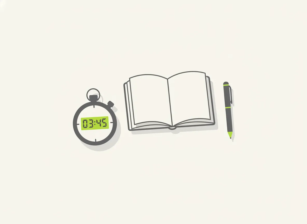 Cronômetro marcando dois minutos ao lado de um caderno aberto, representando o primeiro passo mínimo contra a procrastinação