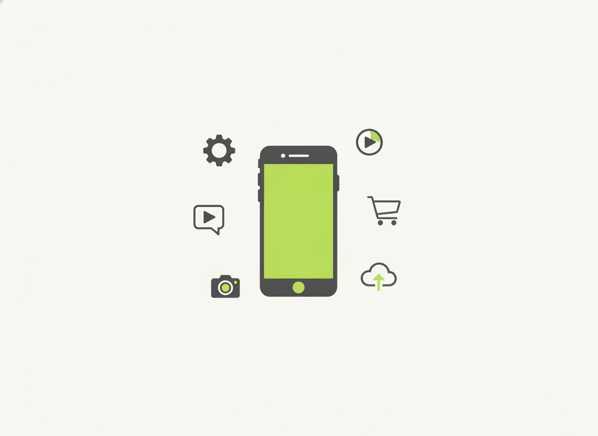 Celular cercado por pequenos ícones representando categorias de apps de hábitos: individual, social e minimalista