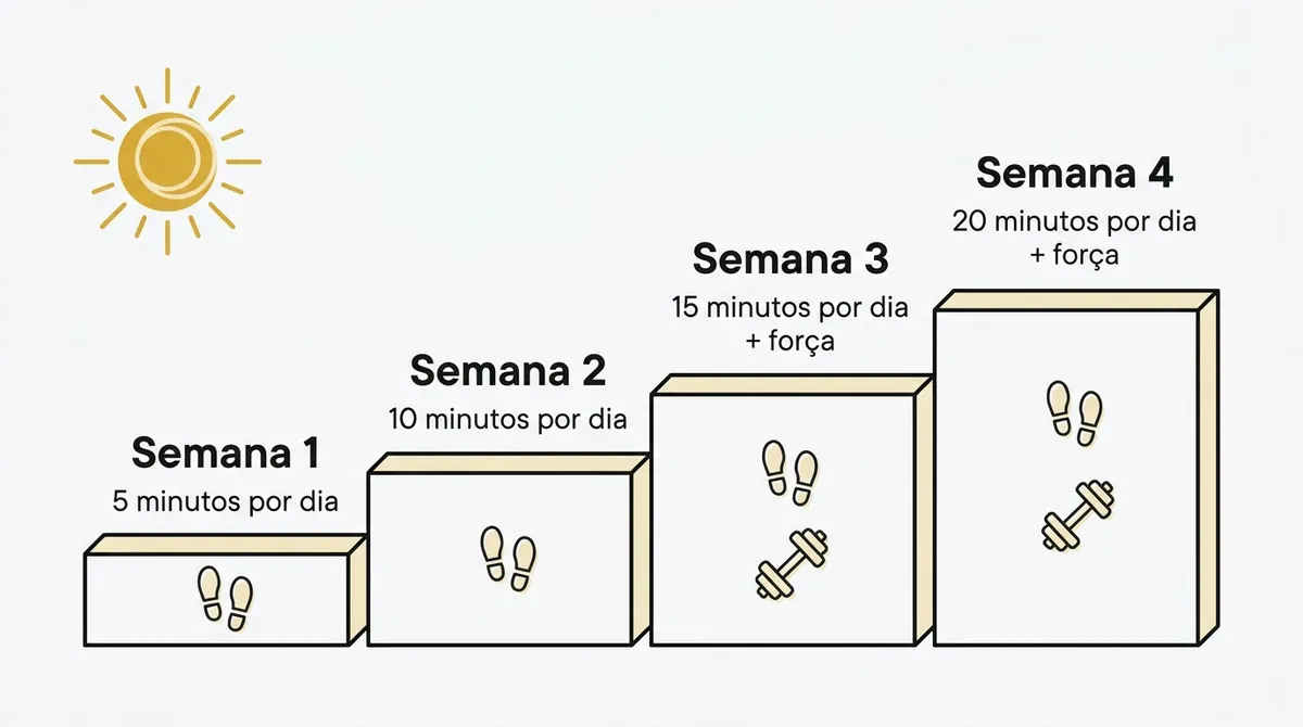 Linha do tempo de quatro semanas com o bloco diário de movimento crescendo de 5 para 20 minutos