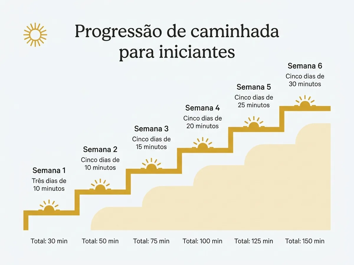 Quadro com seis semanas de progressão de caminhada para iniciantes, de 10 minutos em 3 dias até 30 minutos em 5 dias
