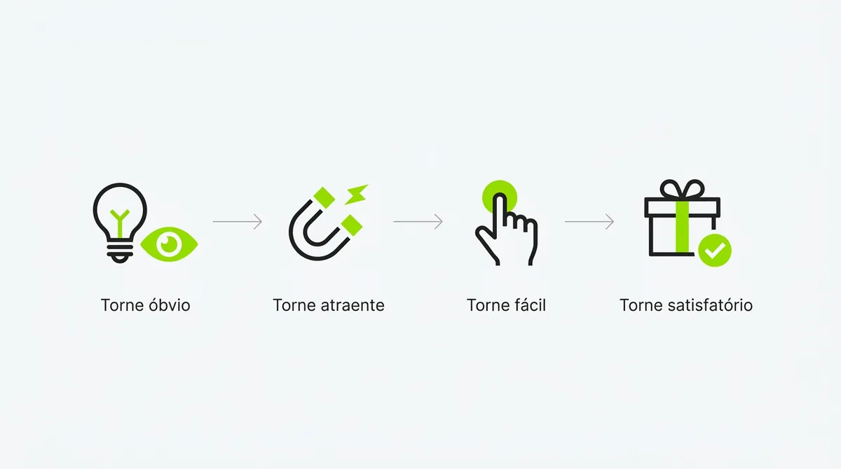 Diagrama com quatro ícones em sequência representando as quatro leis da mudança de comportamento: óbvio, atraente, fácil e satisfatório