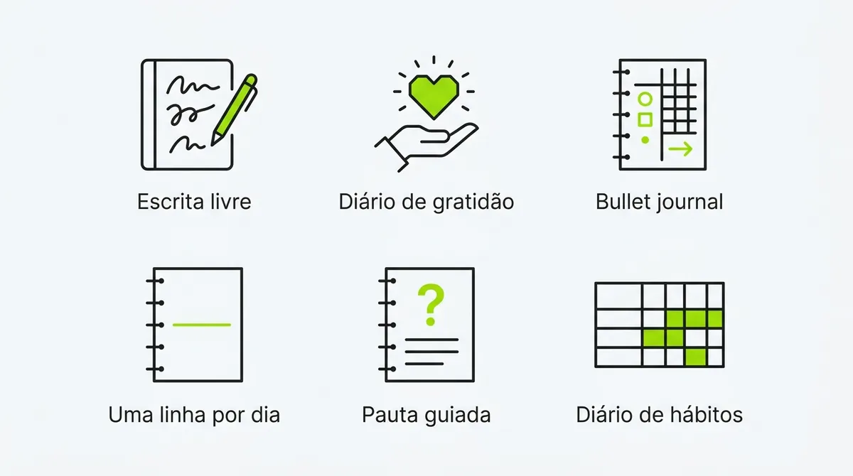 Seis ícones pequenos representando diferentes formatos de journaling, como diário de gratidão e bullet journal