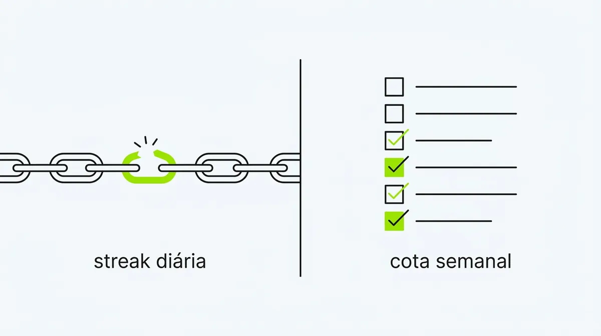 Comparação entre uma corrente frágil representando a streak diária e uma lista de checkmarks com folga representando a cota semanal
